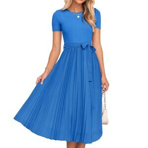 NWT (S) ZESICA Womens Summer Short Sleeve Midi Dresses Crew Neck Knit Belt